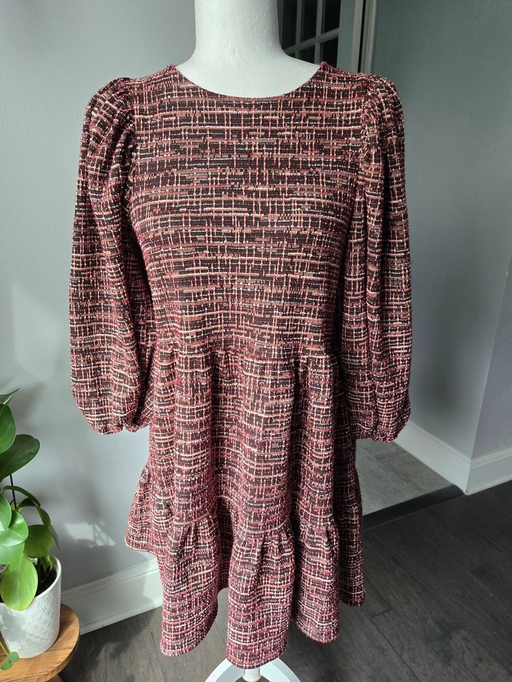 Mango "Seven" Tweed Babydoll Dress Size 4 Red Burgundy Puff Sleeve Mini